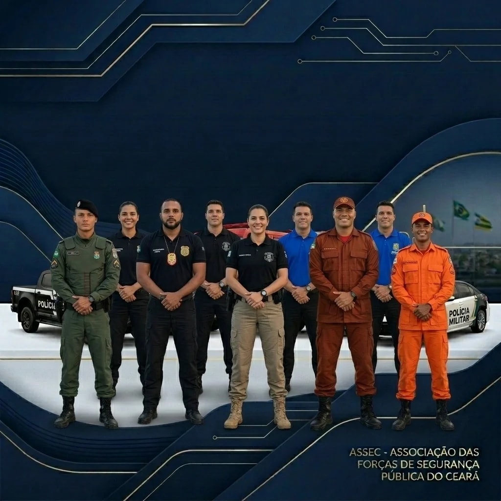 Banner representando a união das forças de segurança do Ceará com seus agentes fardados e viaturas